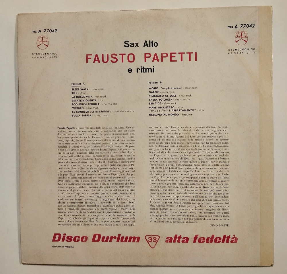 Винтажная виниловая пластинка LP Fausto Papetti Sax Alto E Ritmi (Italy 1960)