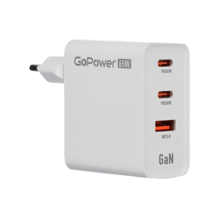 Зарядное устройство сетевое GoPower GPQC10 1USB+2Type-C 65W QC3.0 GaN белый