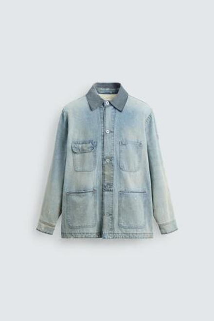 ZARA ДЖИНСОВАЯ КУРТКА-РУБАШКА С ЭФФЕКТОМ ВИНТАЖА, ГОЛУБОЙ