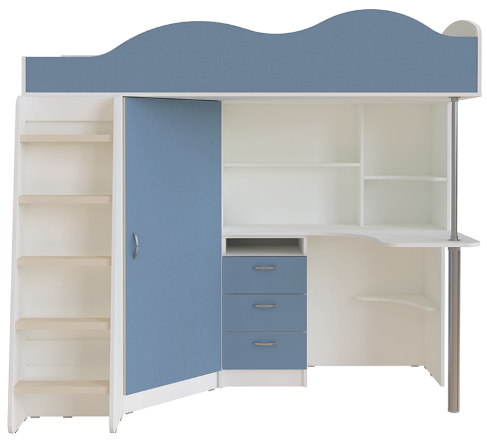 Кровать-чердак КарИВи Пионер с деревянной лестницей Белый  Светло-синий, голубой