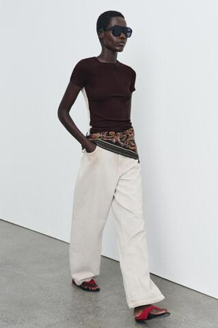 ZARA КОМБИНИРОВАННАЯ ФУТБОЛКА С КОРОТКИМИ РУКАВАМИ, БЕЖЕВО-КОРИЧНЕВЫЙ