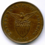 1 сентаво 1905 год. Филиппины (Администрация США). Бронза XF