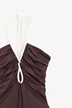 Massimo Dutti Купальник с контрастной отделкой и сборками, коричневый