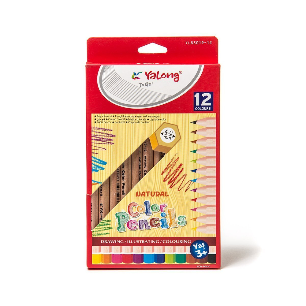 Карандаши цветные утолщенные Yalong 12 цв., "Natural. Jumbo" деревянные, шестигранные, заточенные, грифель 4.0 мм, картон. уп., европодвес