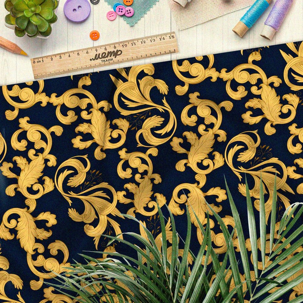 Ткань ниагара золотые завитки листьев на чёрном фоне