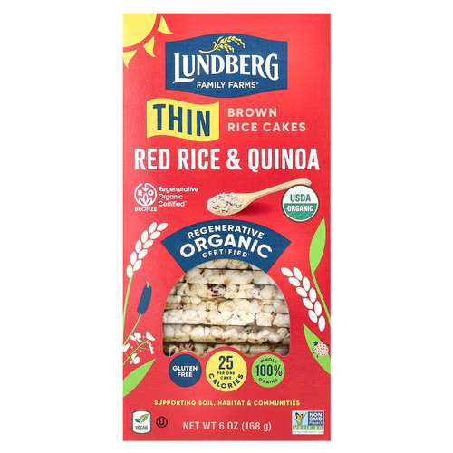 Lundberg, Organic Thin Stackers, злаковые хлебцы, красный рис и киноа, без соли, 24 рисовых хлебца, 168 г (6 унций)
