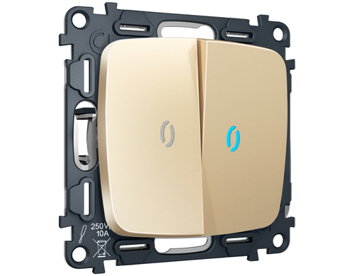 MO604020 Комплект механизма 2-кл выключателя с подсветкой 10000K OMEGA Шампань QUANT (OP6040, VM115, G17B)