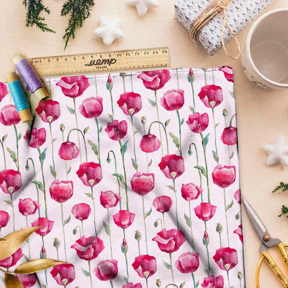 Ткань саржа насыщенные акварельные тюльпаны на розовом фоне