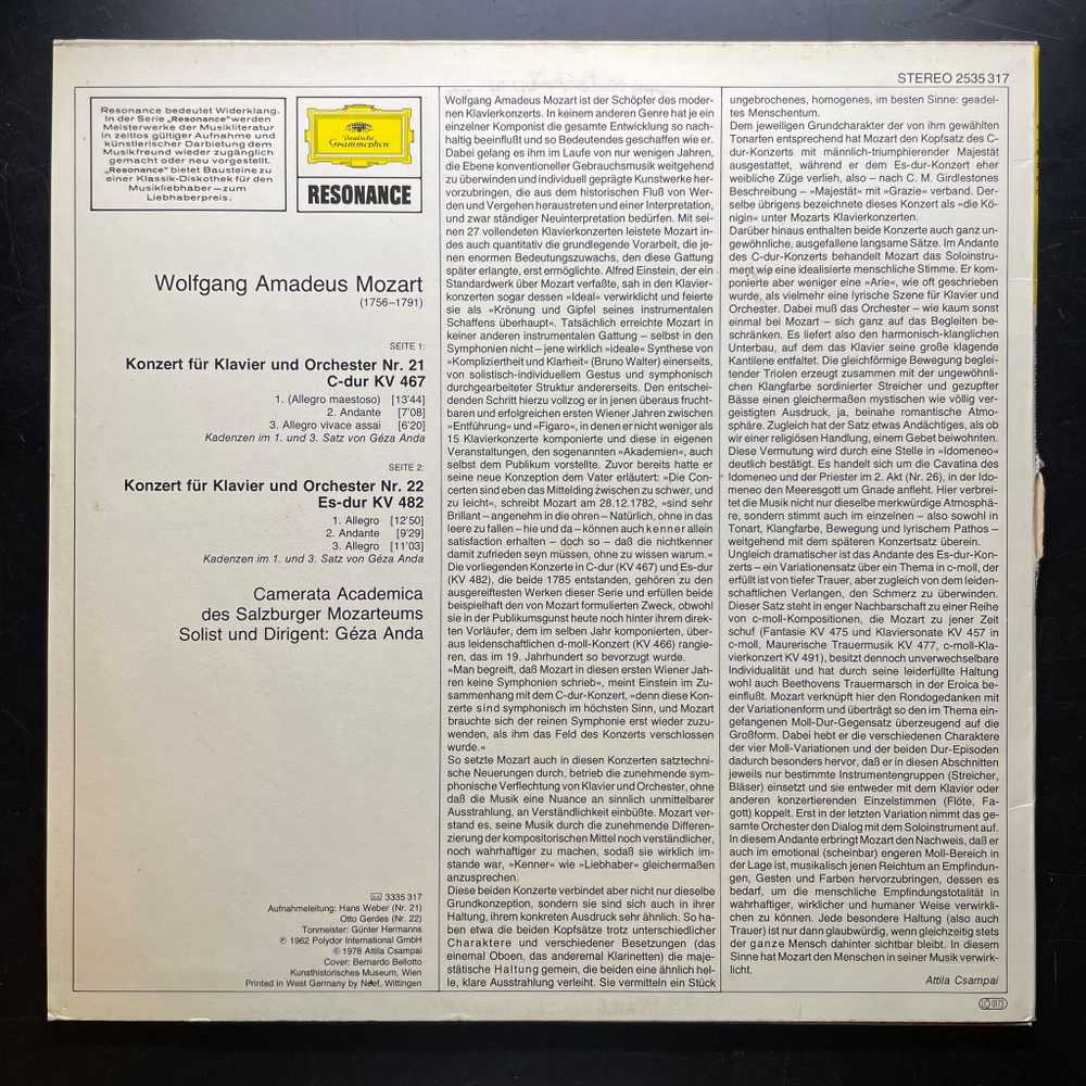 Моцарт - Концерты для фортепиано №21 и №22 (Германия 1978г.)