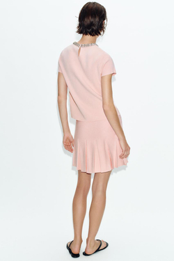 ZARA ТРИКОТАЖНАЯ МИНИ-ЮБКА В СКЛАДКУ, ПАСТЕЛЬНО-РОЗОВЫЙ