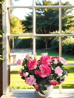 Искусственные цветы Розы малиново-розовые густые в белом кашпо