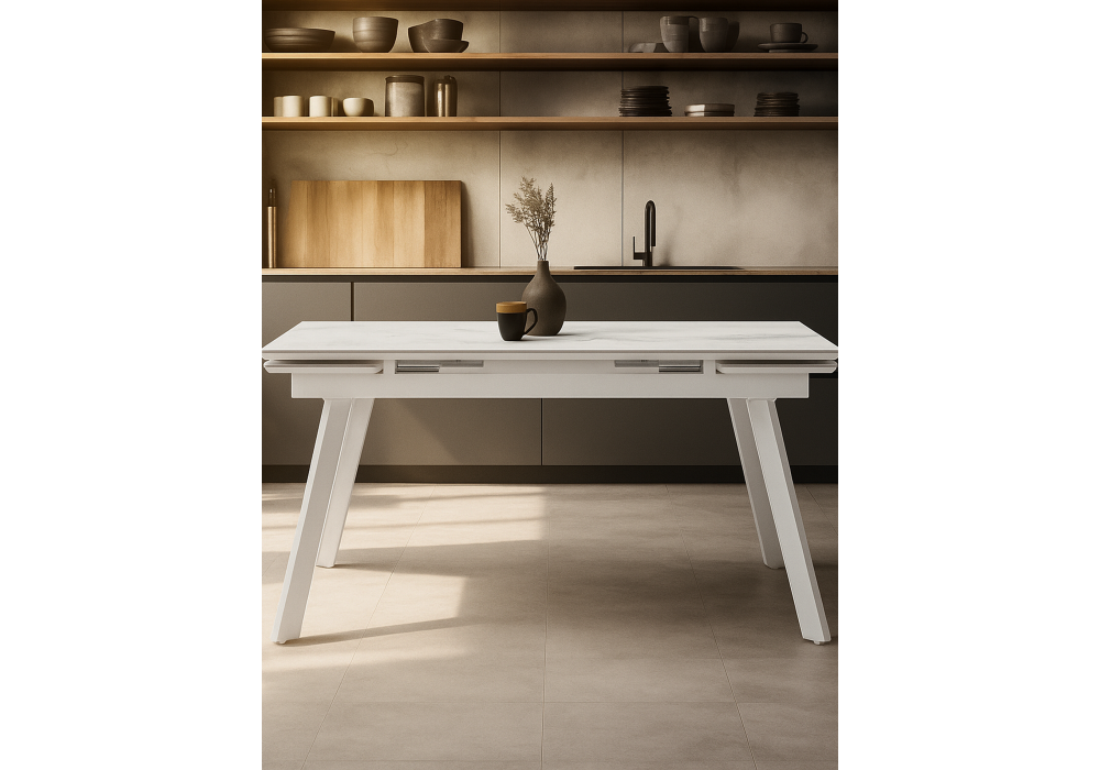 Керамический стол Woodville Норман 140 (200) х 80 белый мрамор alpin white, snow white, белый, ножки белые