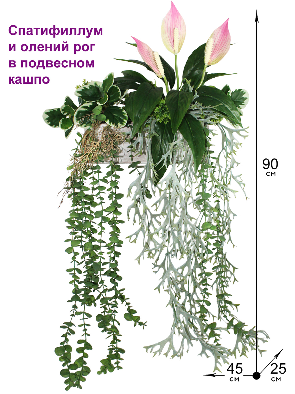 Искусственные растения Спатифиллум и Олений Рог в подвесном кашпо