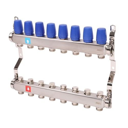 Блок коллекторный MVI из нержавеющей стали DN 25-8 выходов G 3/4, без расходомеров, без дренажного крана и воздухоотводчика, евроконус, MS.408.06