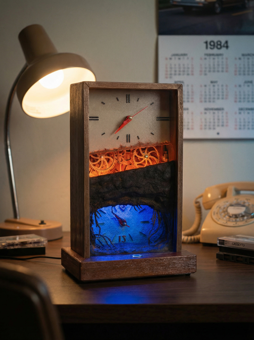 Настольные часы "Изнанка" - арт-объект с двумя циферблатами и подсветкой