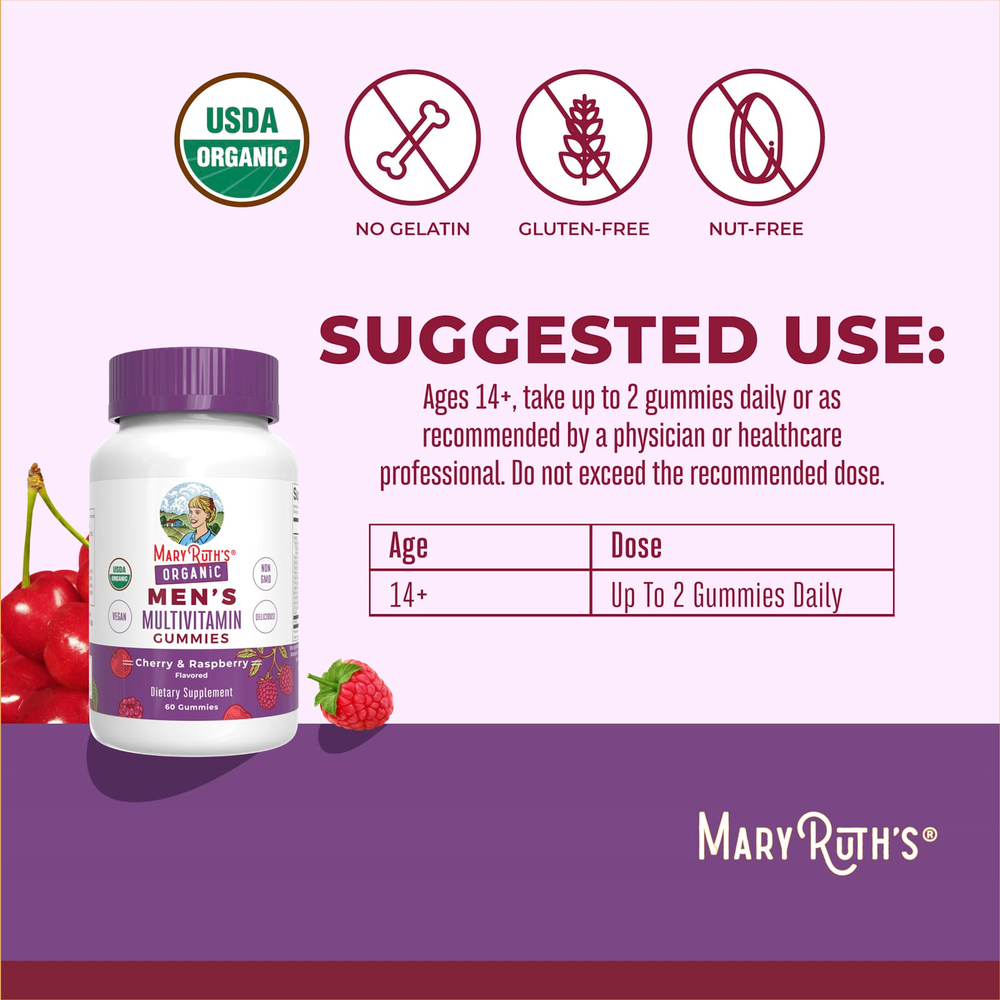 MaryRuth's, органические жевательные мультивитамины для мужчин, со вкусом вишни и малины, 60 жевательных таблеток