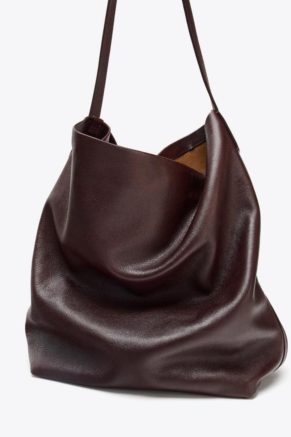 ZARA КОЖАНАЯ СУМКА-МЕШОК С ДВОЙНЫМ ОТДЕЛЕНИЕМ, БОРДОВО-КРАСНЫЙ