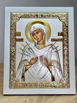 Семистрельная БМ, икона прямоугольная с рамкой, белое дерево 210х260