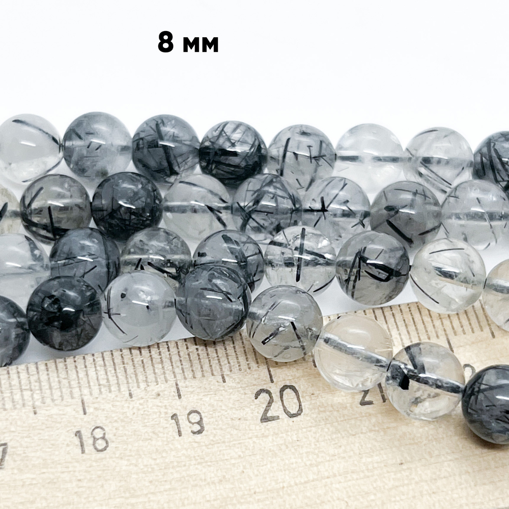 Кварц с шерлом, диаметр 8-8,2 мм, цена за 12 шт (1/4 нити)