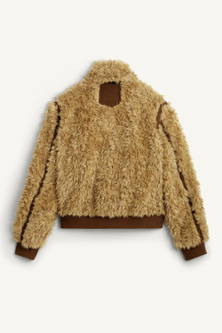 ZARA УКОРОЧЕННАЯ КУРТКА ИЗ ТКАНИ С ЭФФЕКТОМ ОВЧИНЫ, МЯГКИЙ КАШТАНОВЫЙ