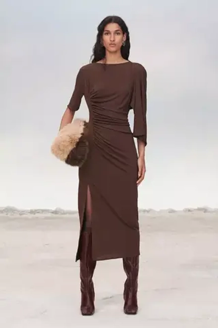 ZARA ПЛАТЬЕ МИДИ С ДРАПИРОВКОЙ - LIMITED EDITION, КОРИЧНЕВЫЙ