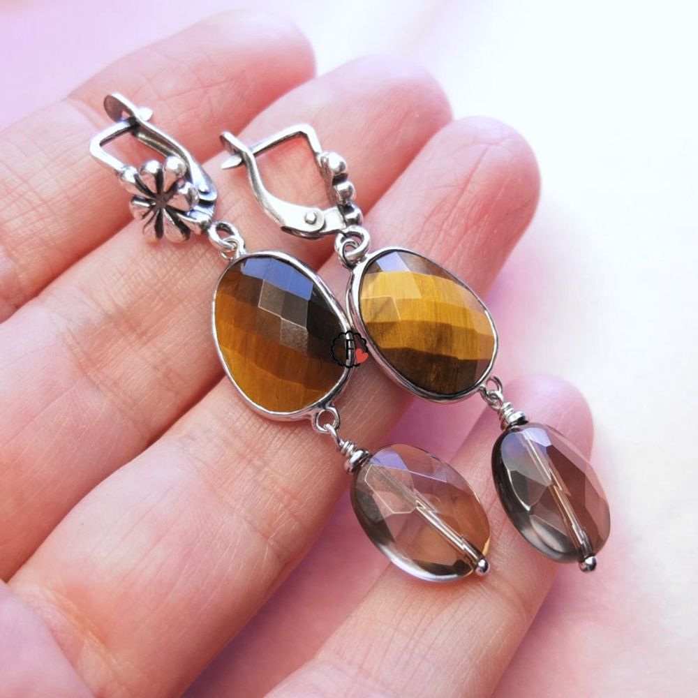 Серьги с тигровым глазом и раухтопазом