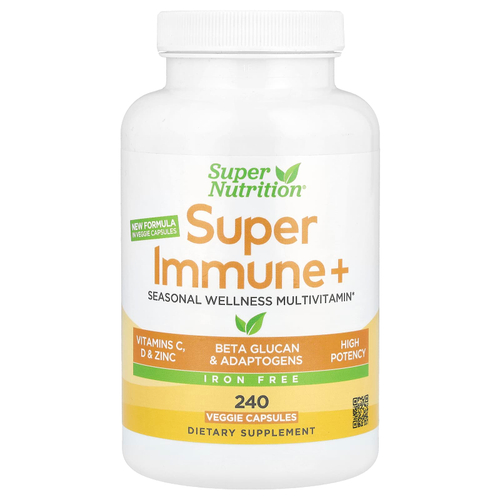 Super Nutrition, Super Immune+, мультивитамины с витаминами C, D и бета-глюканом, без железа, 240 растительных капсул