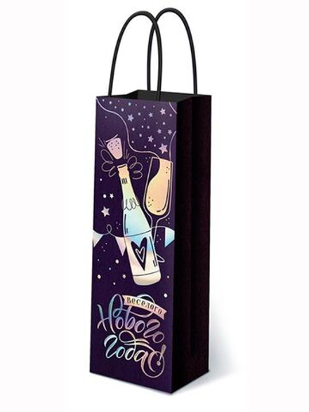 Пакет подарочный для вина, Крафт, Веселого Нового Года!, Черный, Металлик, 36*13*8 см, 1 шт.