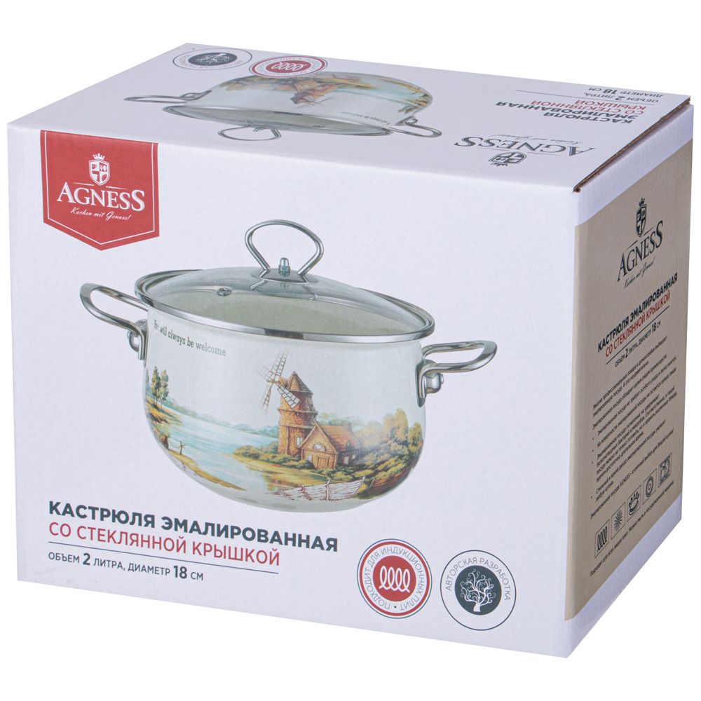 КАСТРЮЛЯ AGNESS ЭМАЛИРОВАННАЯ СО СТЕКЛЯННОЙ КРЫШКОЙ СЕРИЯ "FAMILY HOUSE", 2 Л ДИА.18СМ
