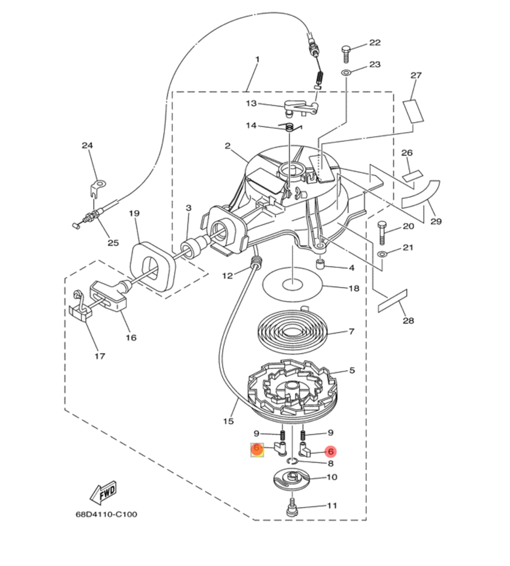 Стопор-упор ручного стартера YAMAHA F4-F6 (F4-01.01.11; 67D-15741-00) (PREMARINE)