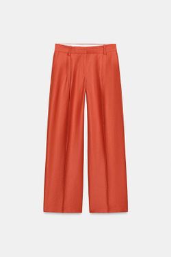 ZARA БРЮКИ ПРЯМОГО КРОЯ С ЗАЩИПАМИ, ТЕМНО-ОРАНЖЕВЫЙ