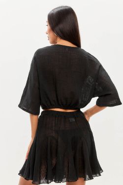 Блуза с завязками из хлопка stone wash черного цвета