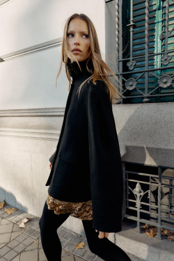 ZARA КОРОТКОЕ ПАЛЬТО ИЗ СМЕСОВОЙ ШЕРСТИ С ВОРОТНИКОМ-СТОЙКОЙ, ЧЕРНЫЙ