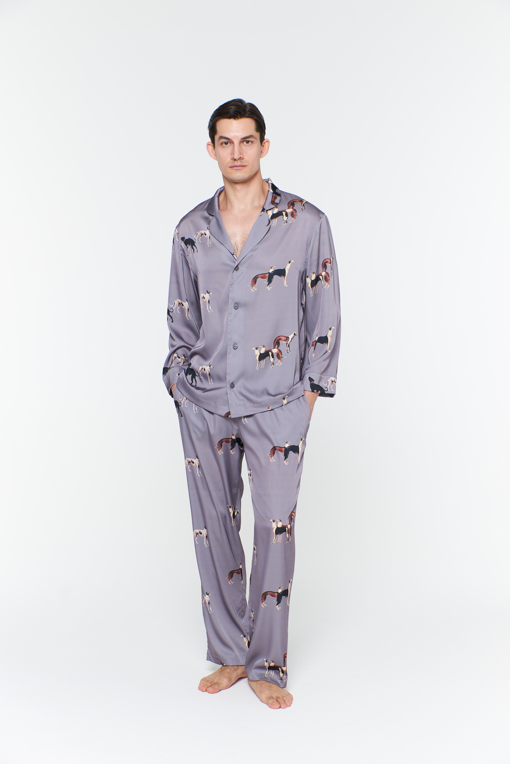 Шелковый мужской костюм с борзыми серебро 50 -52 L