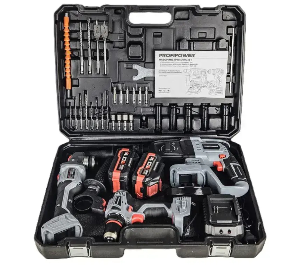 Аккумуляторный бесщеточный набор 3в1 ProfiPower (перфоратор, УШМ, шуруповерт)