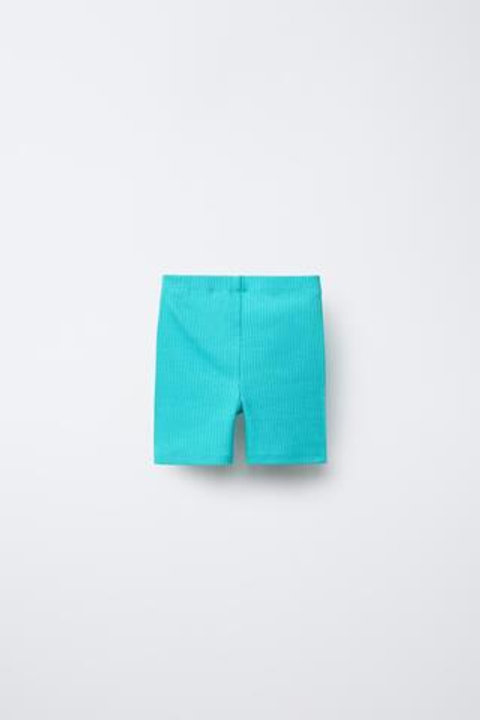ZARA ШОРТЫ-ВЕЛОСИПЕДКИ В РУБЧИК С НАШИВКОЙ, ТЕМНО-БИРЮЗОВЫЙ