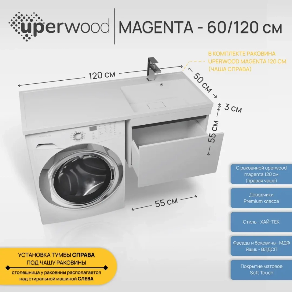 Тумба под стиральную машину с раковиной Uperwood Magenta 60/120 см, подвесная, белая/графит, выдвижной ящик, правая
