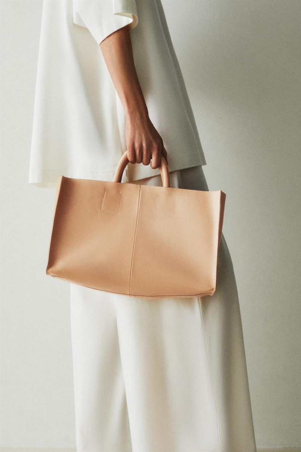 ZARA HOME КОЖАНАЯ МИНИ-СУМКА-ТОУТ, СВЕТЛО-БЕЖЕВЫЙ