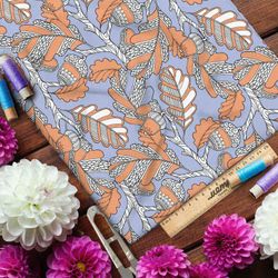 Ткань таффета резной оранжевый дуб с жёлудями на голубом фоне