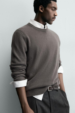 ZARA КАШЕМИРОВЫЙ СВИТЕР КЛАССИЧЕСКОГО КРОЯ, СЕРО-КОРИЧНЕВЫЙ