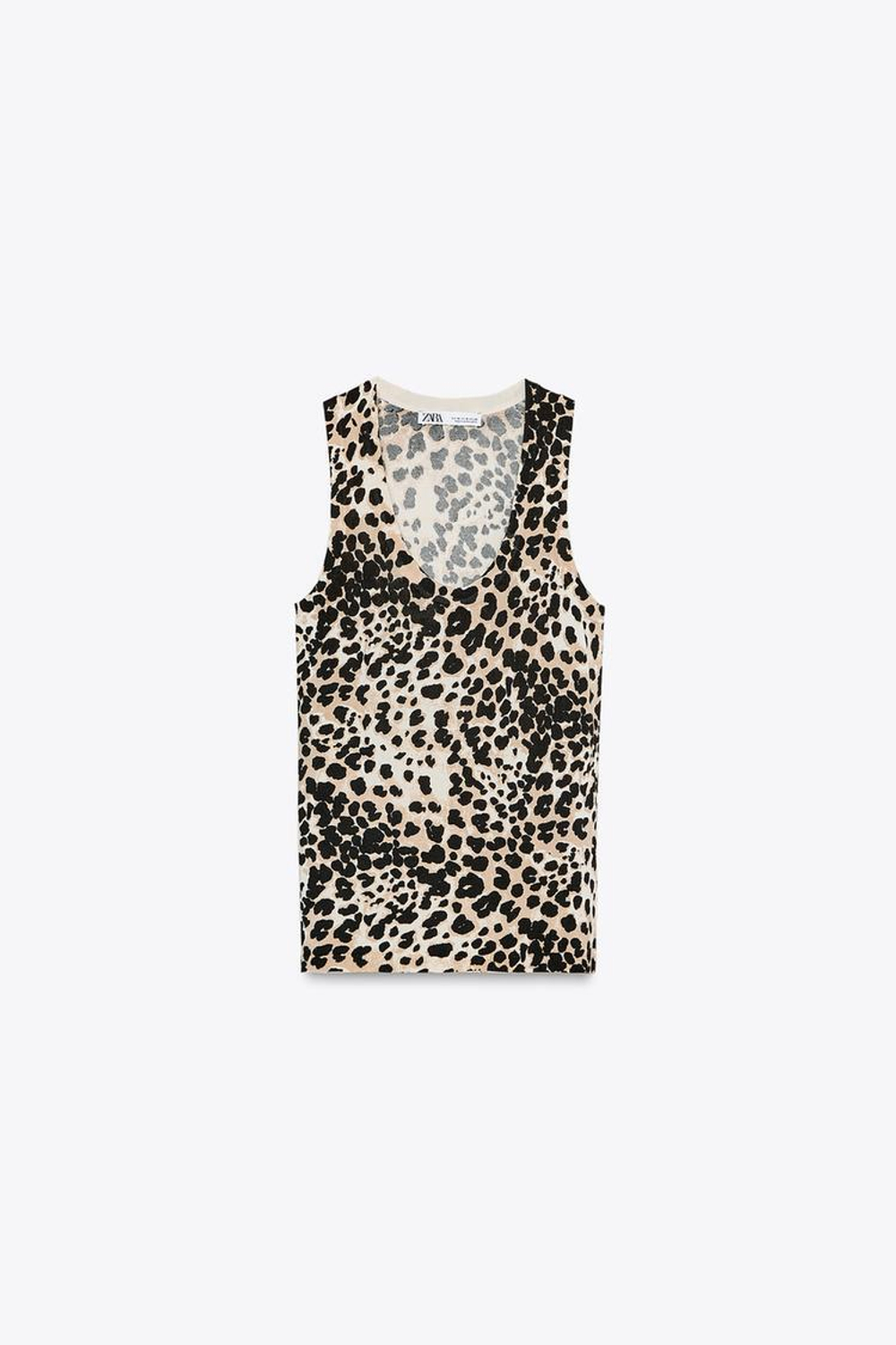ZARA БАЗОВЫЙ ТРИКОТАЖНЫЙ ТОП С АНИМАЛИСТИЧЕСКИМ ПРИНТОМ, ЛЕОПАРДОВЫЙ
