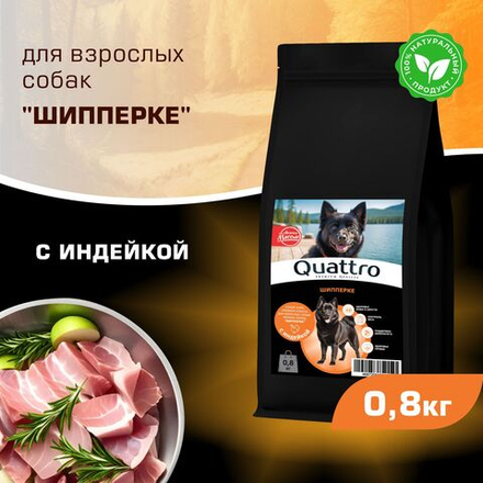Корм сухой для взрослых собак породы Шипперке, с индейкой, 800 гр, QUATTRO
