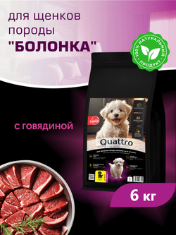 Quattro корм для щенков породы Болонка, с говядиной, 6 кг, QUATTRO