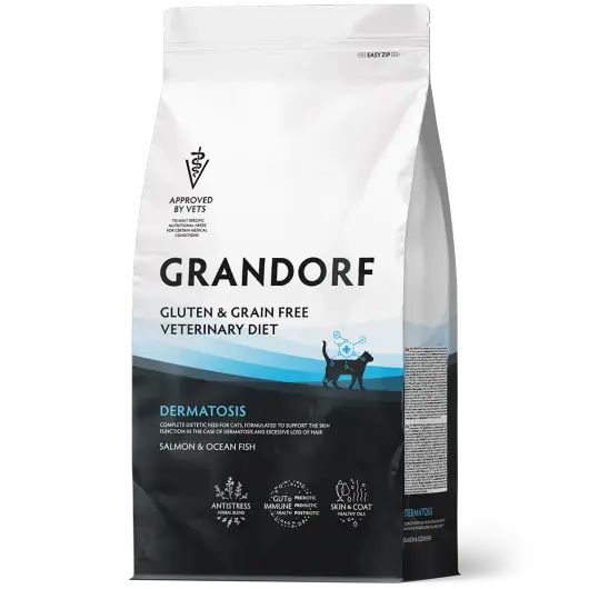 Сухой корм GRANDORF VETERINARY DIET Cat DERMATOSIS Полнорационный диетический корм для кошек с заболеваниями кожи, лосось 0,4кг