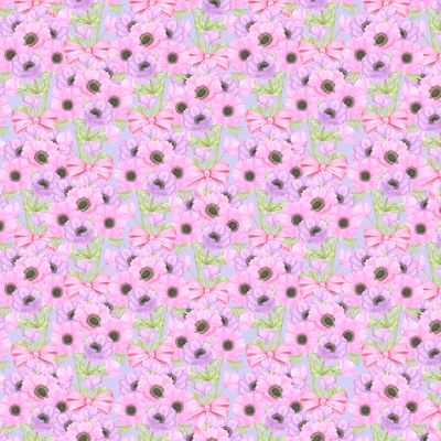 Букет розовых анемонов с бантом на голубом фоне