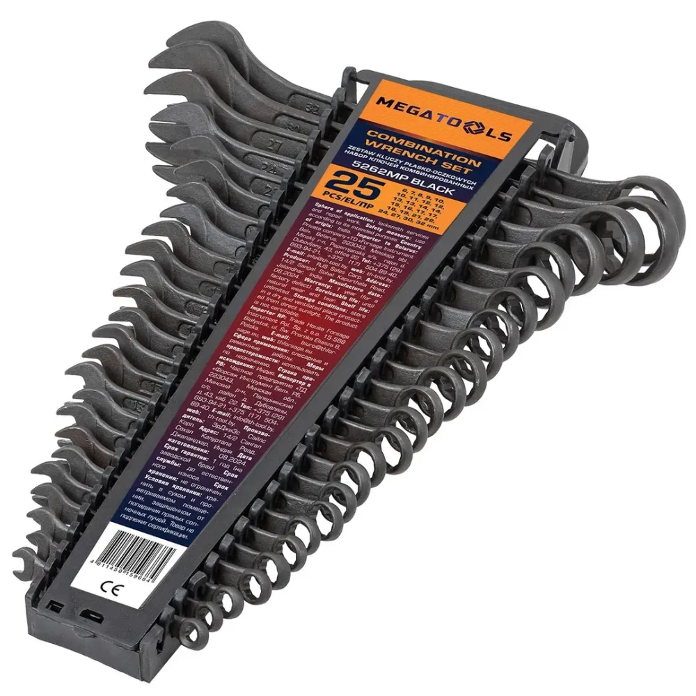 Ключи комбинированные, набор 25пр. (6-19, 21, 22, 24, 27, 30, 32мм) MEGATOOLS MT-5262MP BLACK