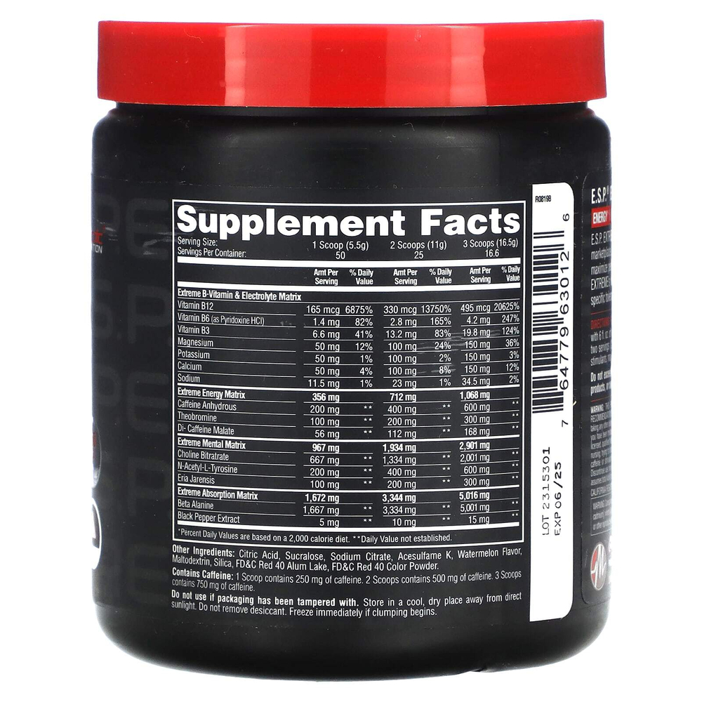 Metabolic Nutrition, Экстремальный энергетический стимулятор ESP, перед тренировкой, арбуз, 275 г (10 унций)