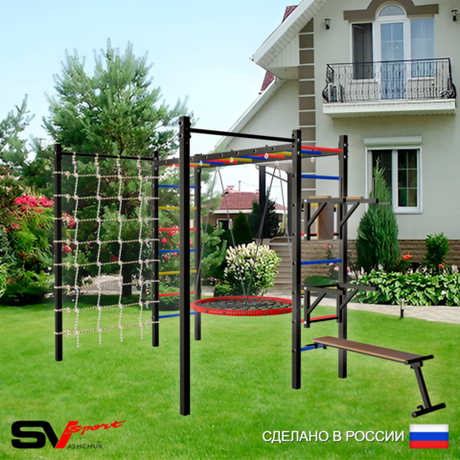 Уличная шведская стенка Sv Sport рукоход с комплектом турник прямой 2шт У5536 (Брусья/Стойка/Скамья/Гнездо 80см/Сетка)