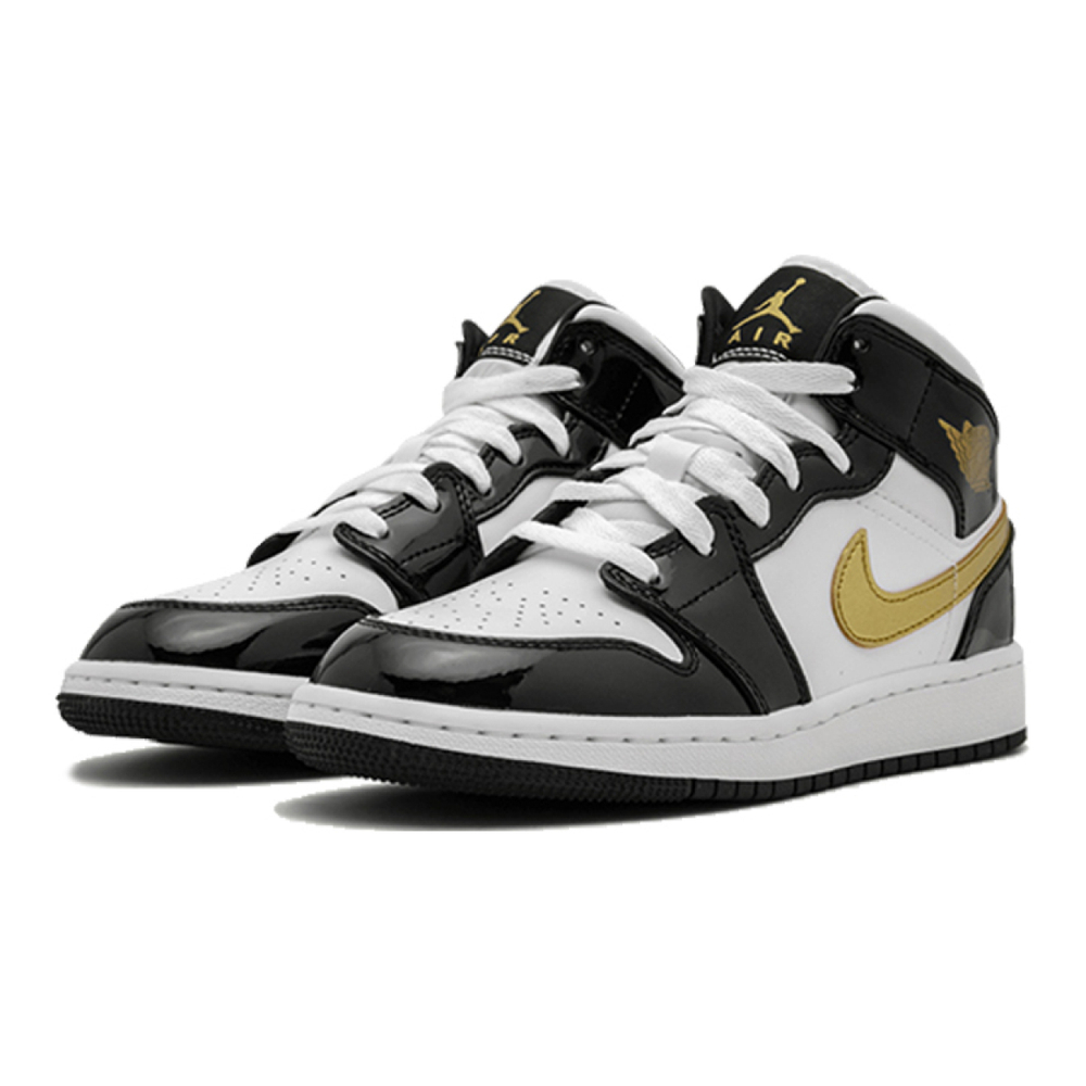 Кроссовки Air Jordan 1 Mid GS Patent Black White Gold