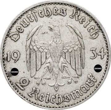 2 рейхсмарки 1934 Германия (Третий Рейх) "A" «Годовщина нацистского режима — Гарнизонная церковь в Постдаме»